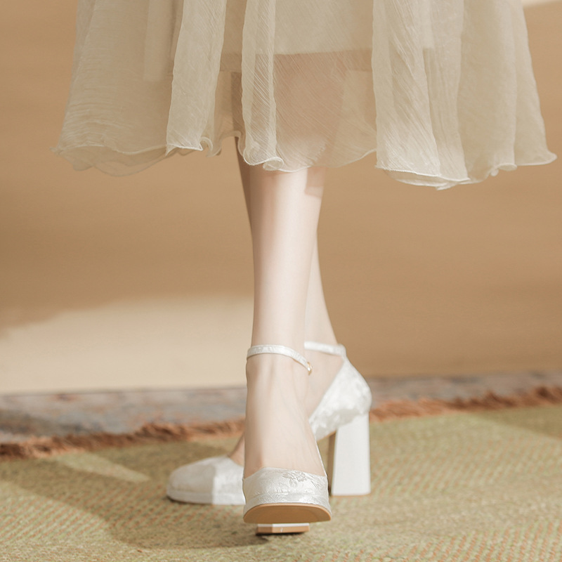 Embroidery White - Zapatos de tacón de bloque con